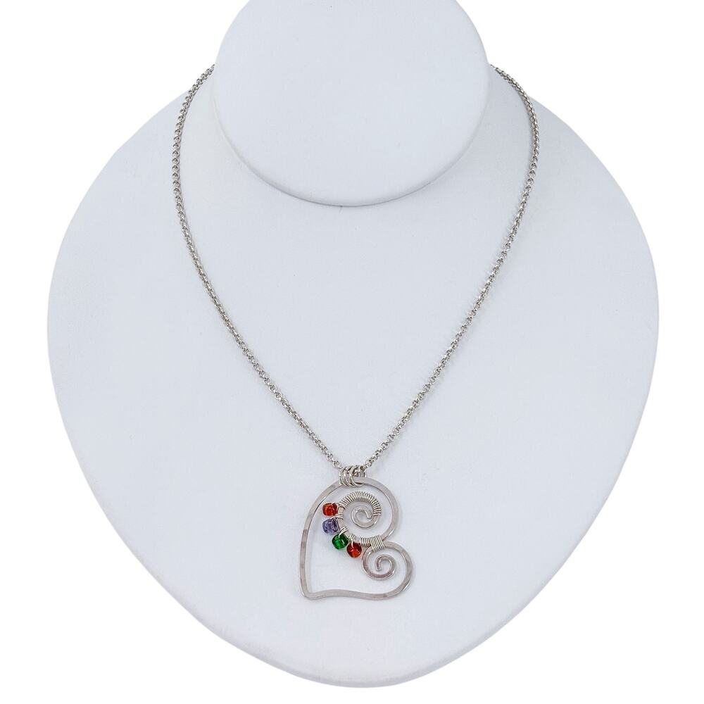 Vintage Sterling Silver 925 Glass Bead Pendant Spiral Heart Necklace 18.5"